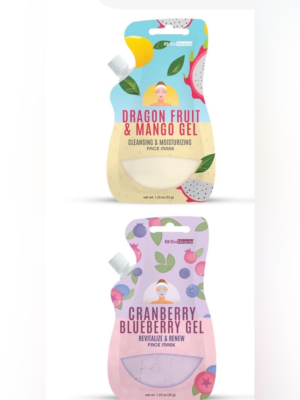 BioMiracle Dragon Fruit & Mango Gel+Cranberry Blueberry Gel Face Mask-2 for $10